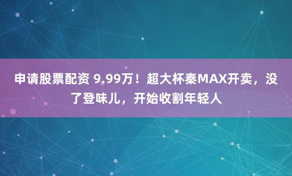 申请股票配资 9.99万！超大杯秦MAX开卖，没了登味儿，开始收割年轻人